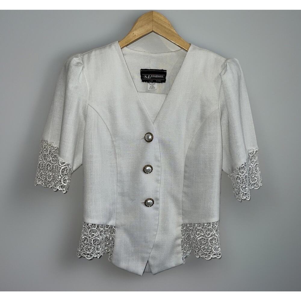 S.L. Fashions Lace Trim Short Sleeve Jacket w/ Modesty Panel Cream White Sz 8